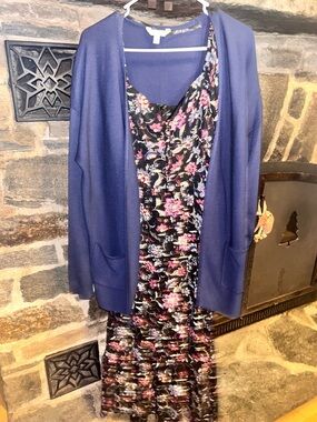 Lane Bryant Floral Black Midi Dress with Navy Cardigan